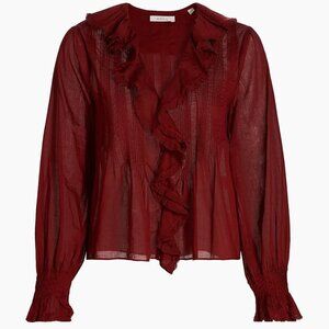 Doen Hardy Pintuck Cotton Ruffle V-Neck Blouse Deep Crimson